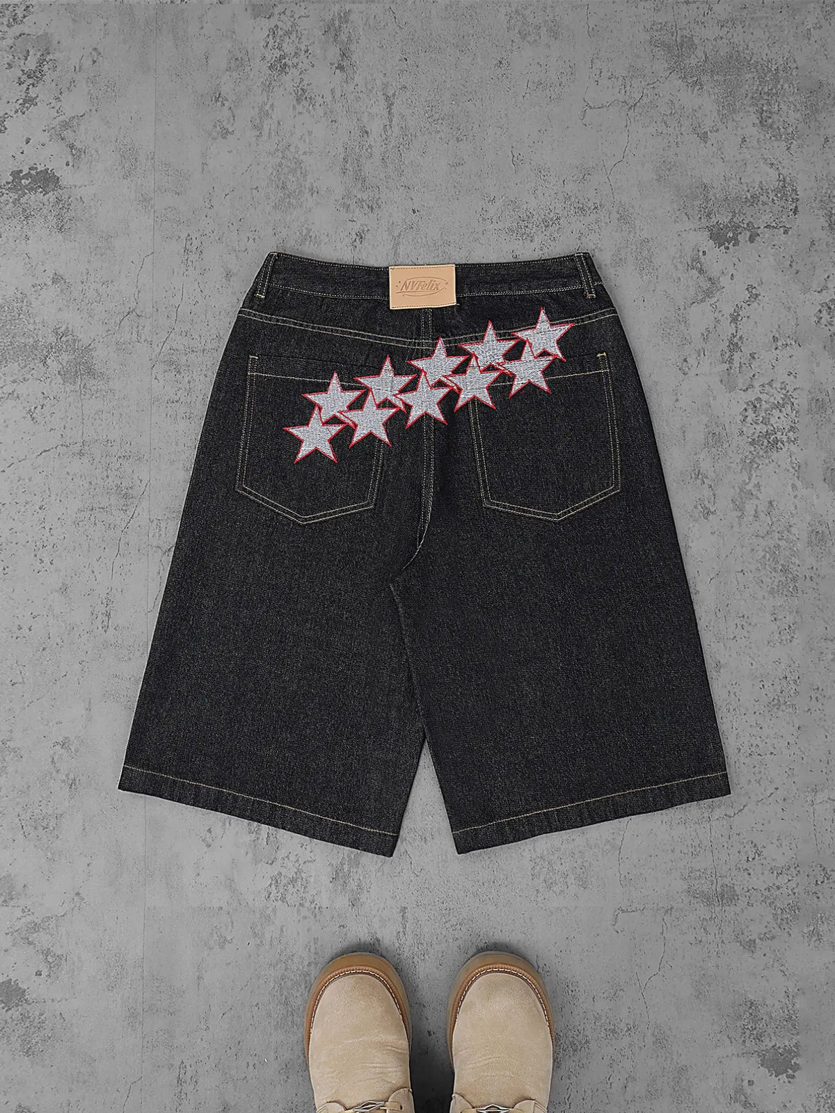 Men's Bermuda Shorts, Light Blue Washed Denim Jeans, Retro Floral Embroidery, Loose-Fit, Knee-Length, Casual Outdoor Wear, Ideal for Leisure