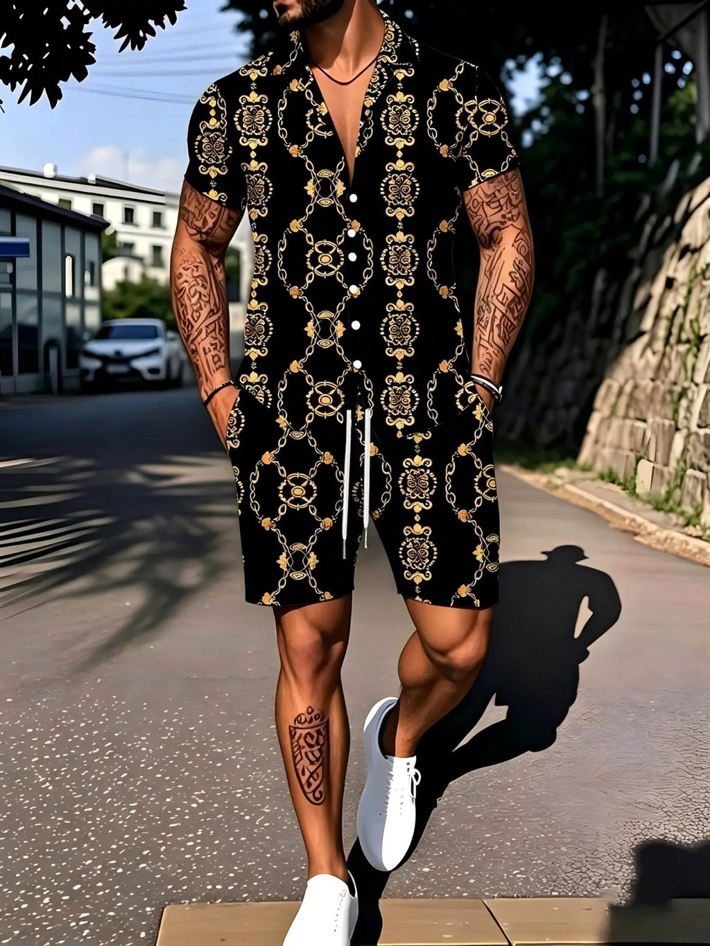 Men's Gold Geometric Pattern Romper, Summer Ready Tropical Casual Fashion Beachwear, Summer Clothes, Short Pants, Slim-Fitting, Graphic Design, Menswear