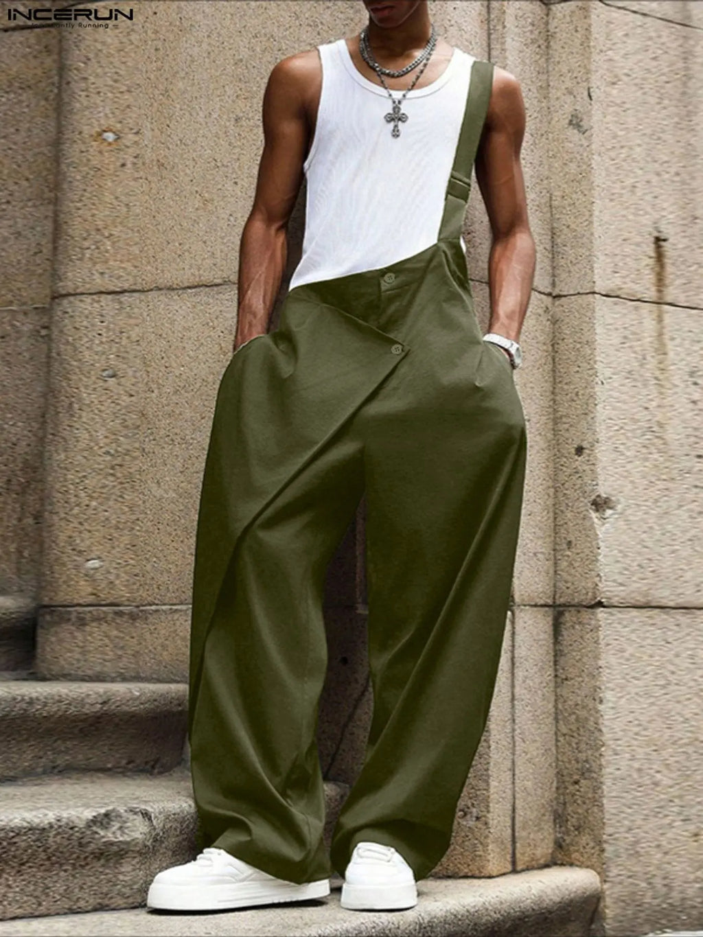 INCERUN Men's Fashion Minimalist Deconstructed One-Shoulder Solid Color Suspenders Stylish Overalls, Perfect for Casual Street Style