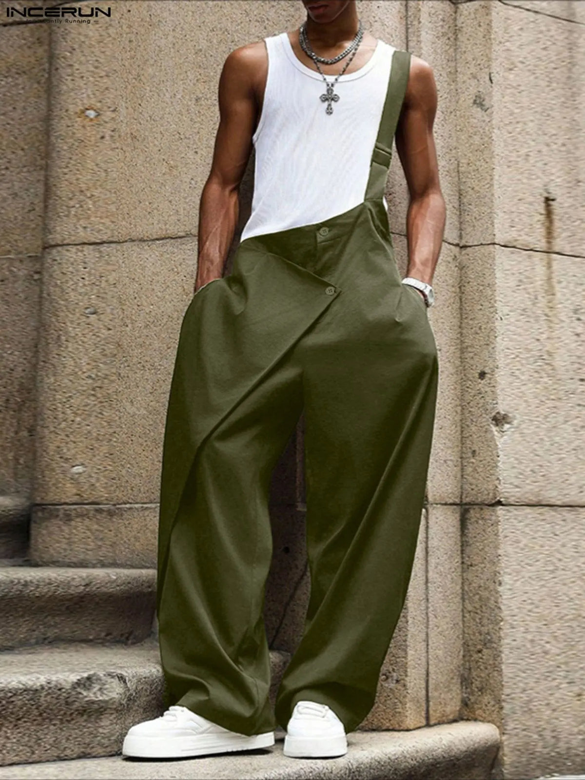 INCERUN Men's Fashion Minimalist Deconstructed One-Shoulder Solid Color Suspenders Stylish Overalls, Perfect for Casual Street Style