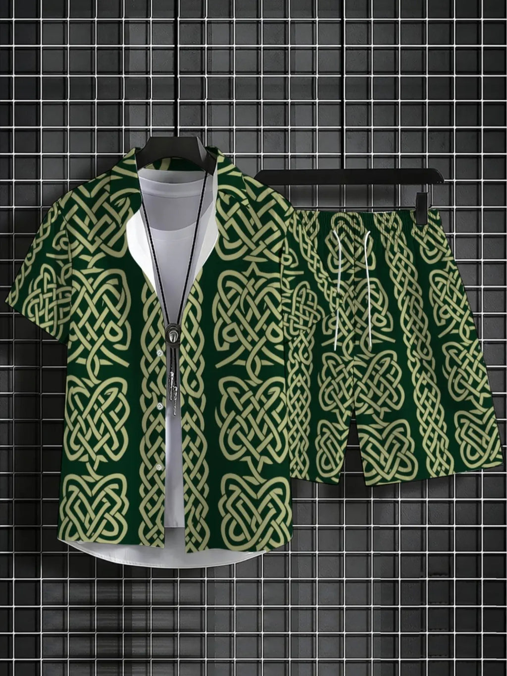 Men's Gold Geometric Pattern Romper, Summer Ready Tropical Casual Fashion Beachwear, Summer Clothes, Short Pants, Slim-Fitting, Graphic Design, Menswear