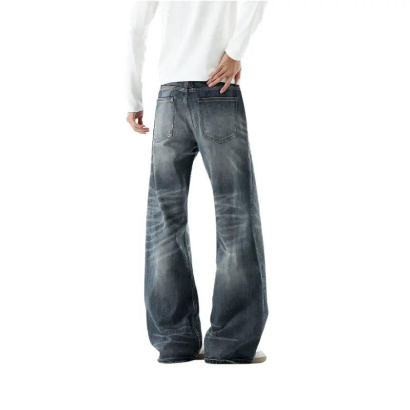 Men's Retro Chic H-Type Wide Leg Denim Jeans - Ombre Wash, Loose Fit, Side Pockets, No Skin-Tight Design, Casual American Streetwear Male Clothing Bottoms
