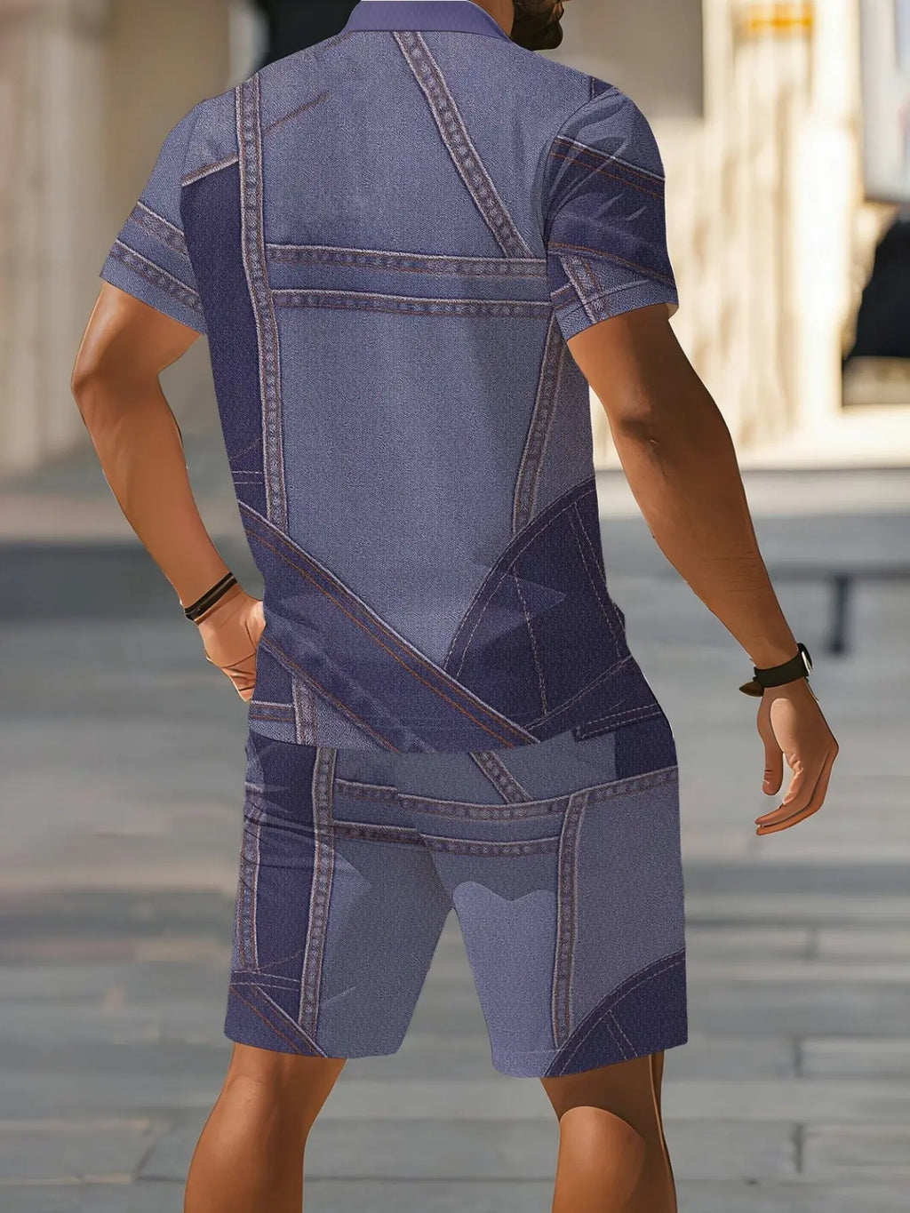 Men's Patchwork Romper, Casual Workwear Style, Summer New Arrival, Short Sleeve Romper, Trendy Fashion, Above Knee Hem, Fitted Design
