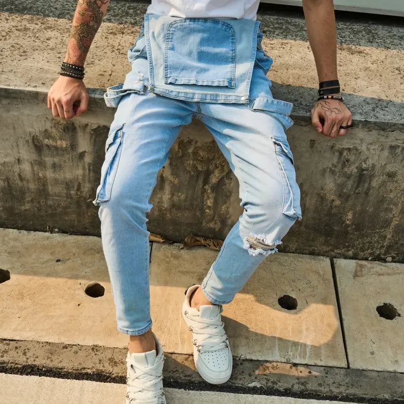 SRETOUU Men's Plain  Button Denim Overalls, Casual Comfy Ripped Pocket Overalls for Daily Wear, Men's Overalls for All Seasons Beige Blue Casual Coveralls Menswear