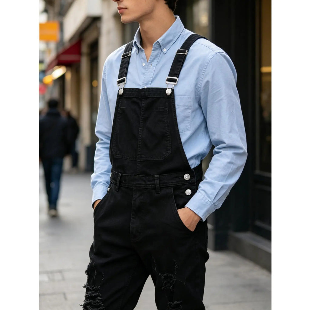 Men's Denim Blend Ripped Suspender Overalls - Casual Street Basics, Fitted Cut, Plain Design, Keyhole Back, All-Season, Machine Washable Menswear