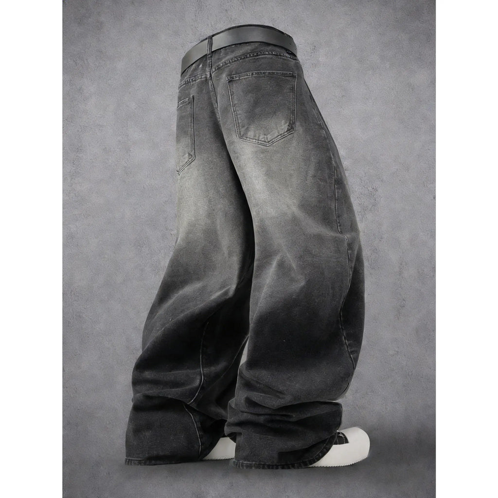 Men's Y2K Distressed Flame Baggy Jeans - Menswear Retro Casual Swag Clothes Products, Vintage Washed Black Denim, Frayed Patchwork, Streetwear Wide Leg Pants for Concert, Festival