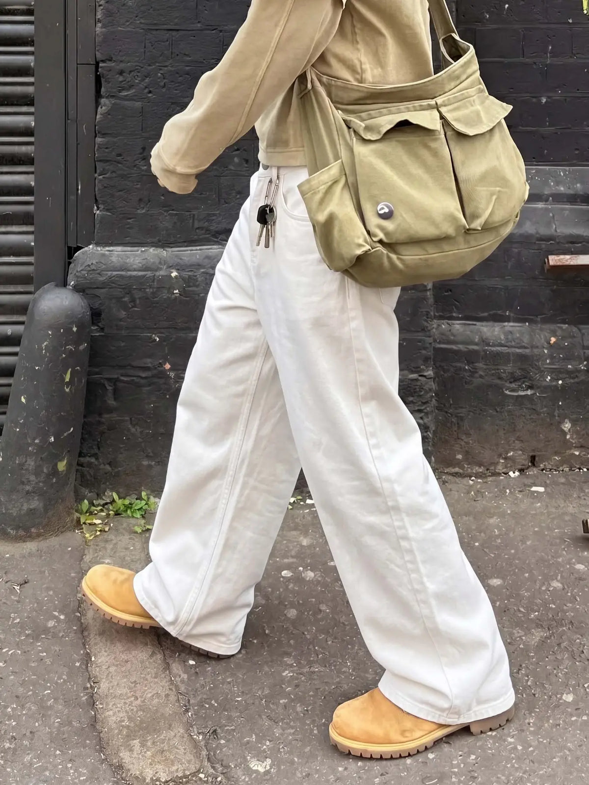 Men's summer refreshing pure white plain denim long pants, straight-leg loose fit, clean simple versatile style, loose comfortable suitable for summer, Loose casual menswear