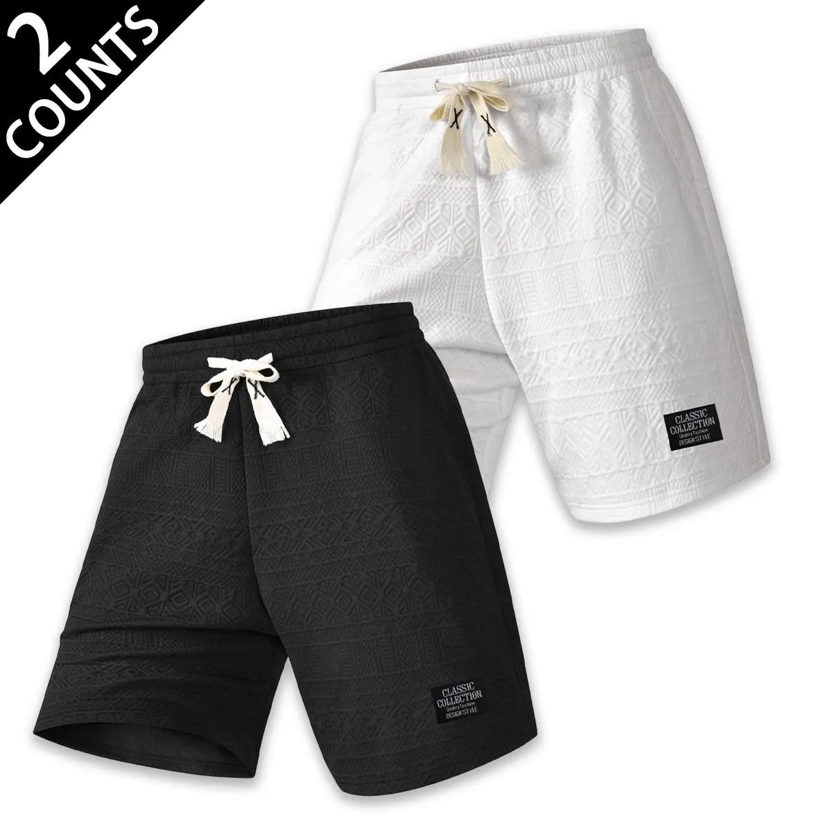 Men's 2-Piece Textured 2-Tone Casual Shorts Set, Black & White Geometric Embossed Pattern, Elastic Waist with Tassel Drawstring Tie, Breathable Fabric, Breathable Fits, Fitted Cut for Summer Daily Driving/OOTD Wear