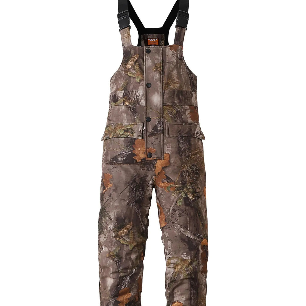 NEW VIEW Men's Camouflage Sleeveless Thermal Insulated Hunting Bibs - Adjustable Strap Elastic Overalls, Fleece Lined, Water-Resistant, Silent, Functional Zippers, Pockets, Ankle Length, All Seasons Outdoors Winter Sports Wear