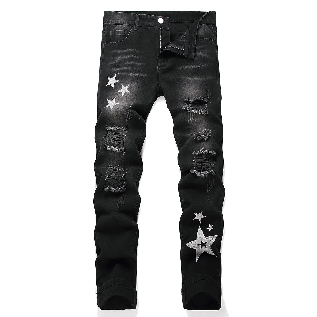 Men's Classic Cotton Distressed Retro Foldable Straight Leg Denim Jeans - 4-Season Comfortable Casual Bottoms with Zipper, Durable Fabric, Pockets, Embroidery, Buttons, Ideal for Retro Street, Halloween, Thanksgiving, Easter, Valentine's Day