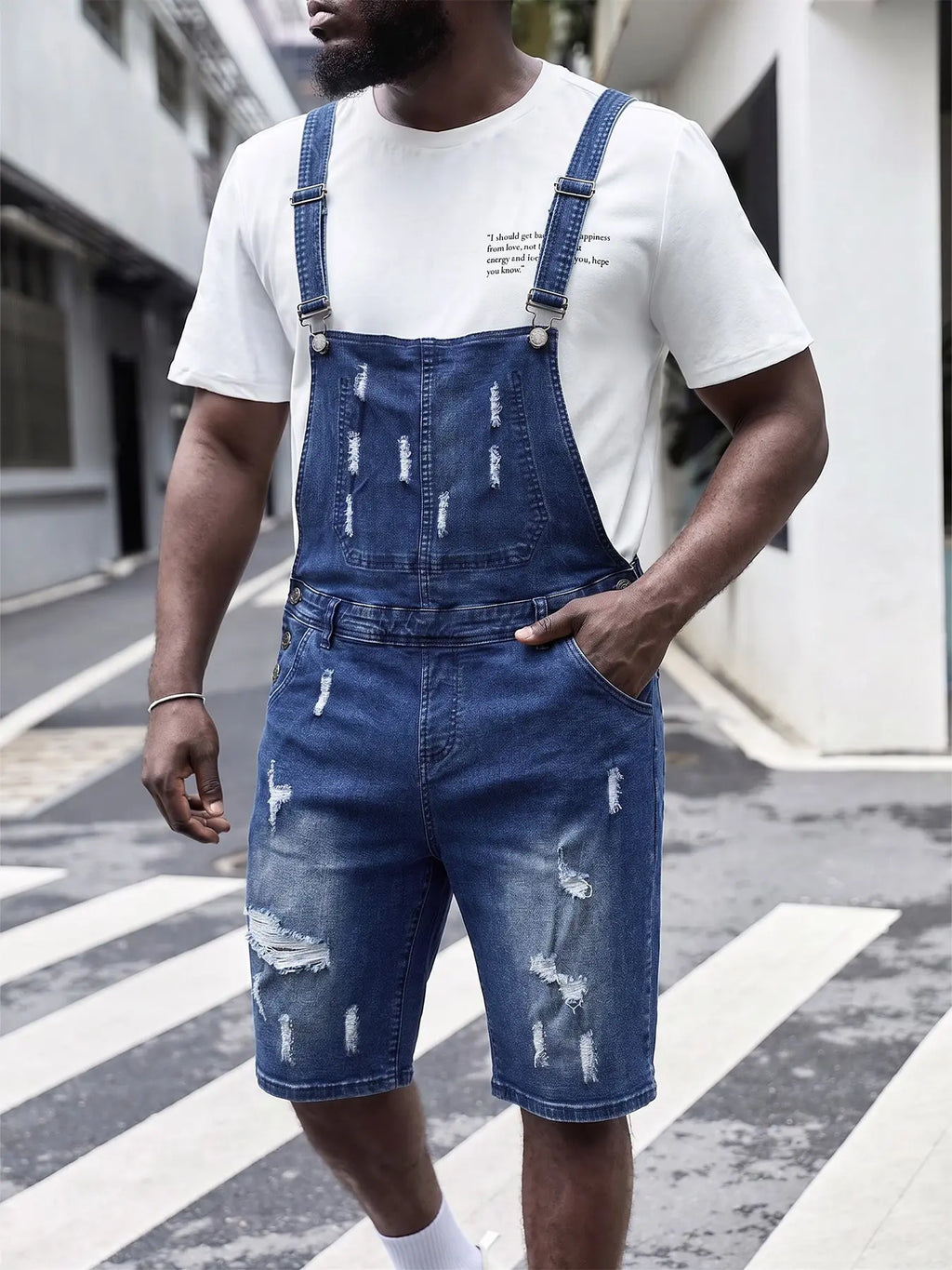 Cut Jean Y2K men's fashionable lip-shaped design denim ripped denim overalls, trendy street style overalls shorts, with belt loops, ideal for outdoor wear, simple design, Streetwear