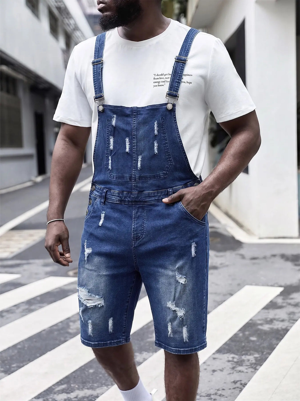 Cut Jean Y2K men's fashionable lip-shaped design denim ripped denim overalls, trendy street style overalls shorts, with belt loops, ideal for outdoor wear, simple design, Streetwear