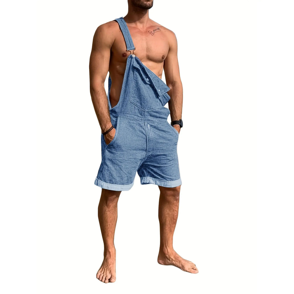 Men's Denim Bib Overall Shorts - Loose Fit, Above-Knee Length, Stretch Cotton-Viscose Fabric, Casual Cargo Pants with Pocket, Summer Walk Jumpsuit Rompers