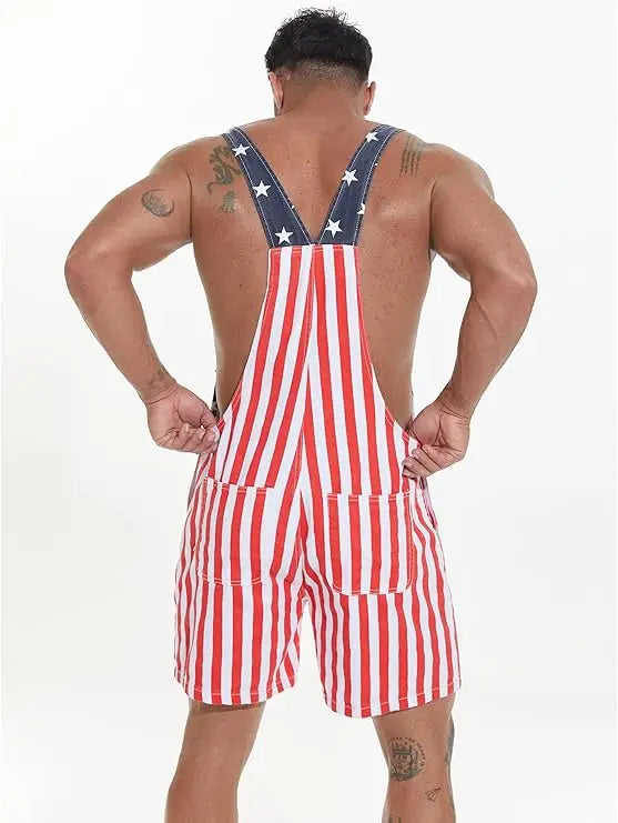 YUANBANG Men's Patriotic Denim Overalls - Fashion Casual, Casual Chic, Breathable Fabric, American Flag Design, Zipper Closure Bibs, Overalls Shorts Jumpsuit, 4th of July Menswear, Fashion Casual Overalls, Patriotic Jumpsuit