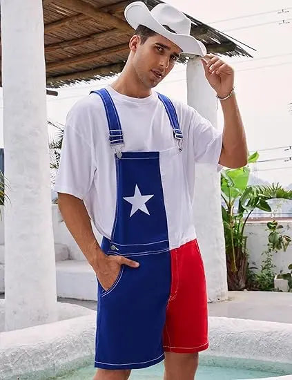 OPDNBON Texas Flag Stretch Bib Overalls for Men Adjustable Straps Work Coveralls Patriotic Printed Shorts Jumpsuit