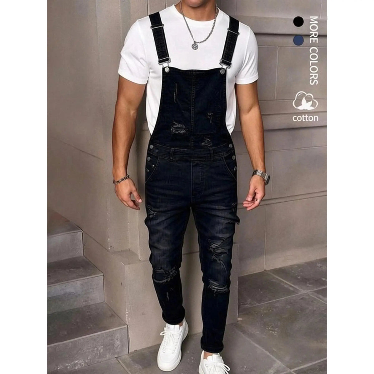 Men's High Cotton Distressed Denim Overalls, Vintage Washed Slim Fit Ripped Bib Overalls, Streetwear Casual Workwear Jeans Jumpsuit with Adjustable Straps for Men