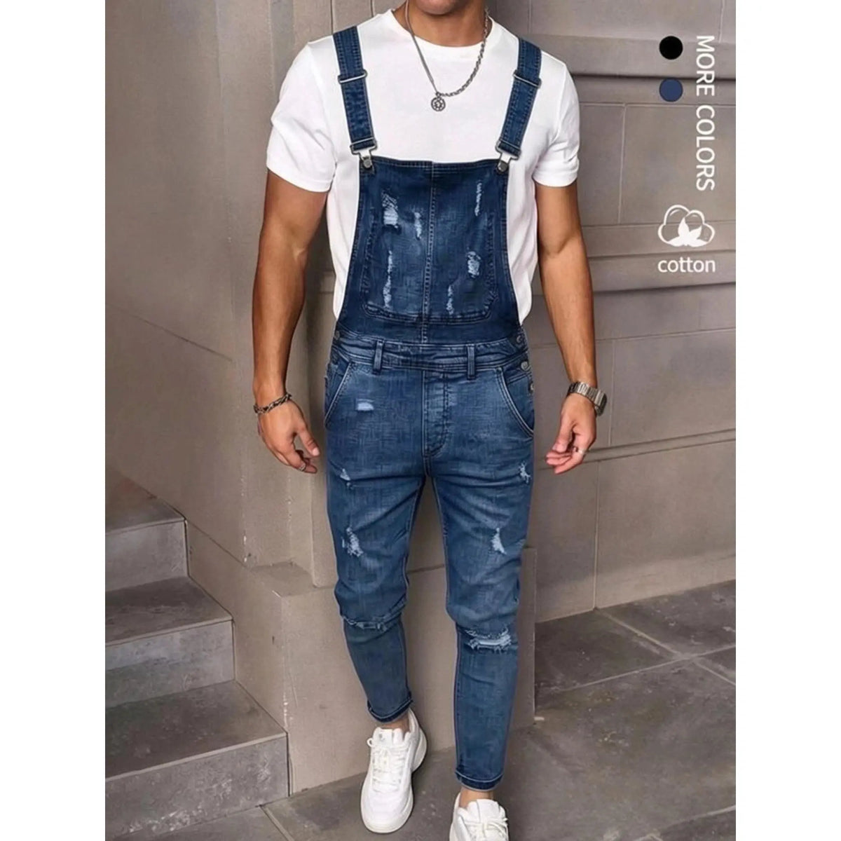 Men's High Cotton Distressed Denim Overalls, Vintage Washed Slim Fit Ripped Bib Overalls, Streetwear Casual Workwear Jeans Jumpsuit with Adjustable Straps for Men