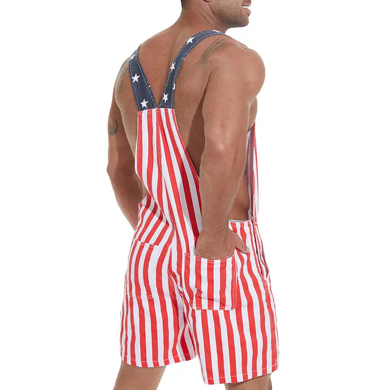 Bindefon 4th of July Denim Overalls with Printed American Flag Coveralls with Bibs for Men Menswear
