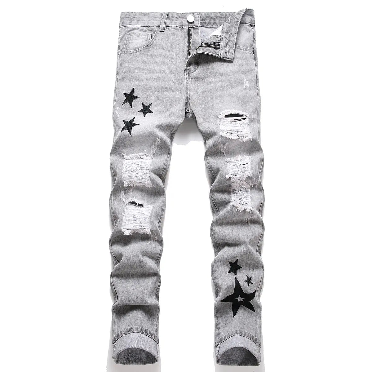 Men's Classic Cotton Distressed Retro Foldable Straight Leg Denim Jeans - 4-Season Comfortable Casual Bottoms with Zipper, Durable Fabric, Pockets, Embroidery, Buttons, Ideal for Retro Street, Halloween, Thanksgiving, Easter, Valentine's Day