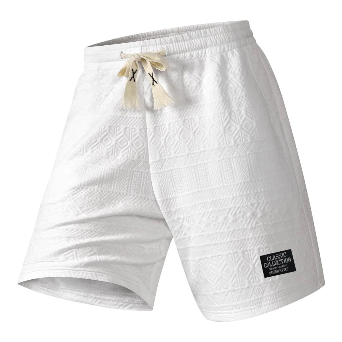 Men's 2-Piece Textured 2-Tone Casual Shorts Set, Black & White Geometric Embossed Pattern, Elastic Waist with Tassel Drawstring Tie, Breathable Fabric, Breathable Fits, Fitted Cut for Summer Daily Driving/OOTD Wear
