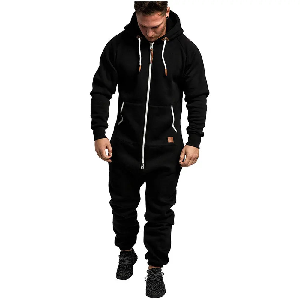 Men’s Polyester Fleece Hooded Overalls - Smooth, Simple, Relaxed Fit Loose 1-Piece Outdoor Menswear Outfit for Super Warm Wear